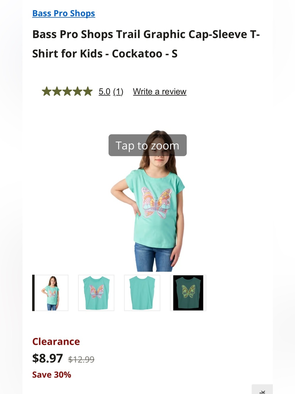 Bass Pro Shops Girls Mint Green Butterfly Tee, Girls 4T